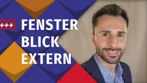 Links steht +++neu im Blog+++Fensterblick Extern/In der Mitte befindet sich ein Foto von Kaan Cevahir - ein junger Mann mit Bart, eingebettet in bunte Kacheln (Stilelemente der KSL.NRW)