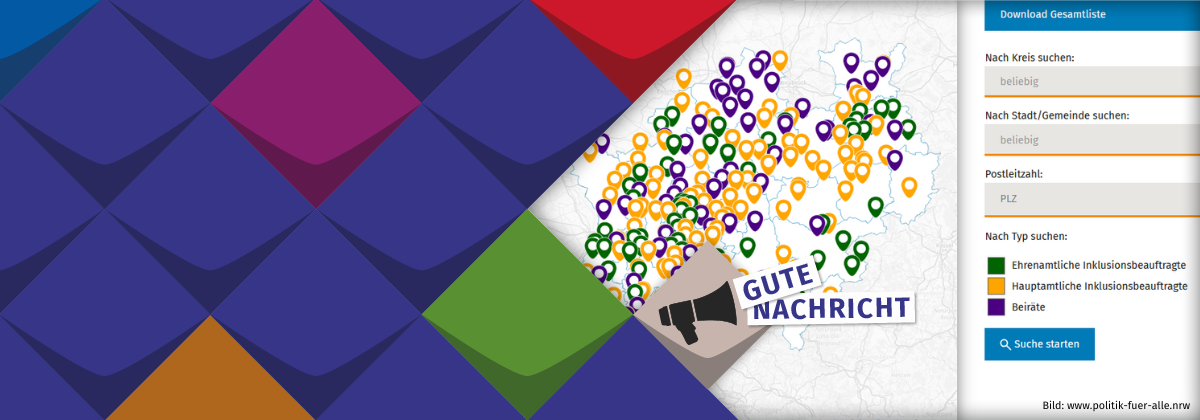 Screenshot der NRW-Karte mit möglichen Filteroptionen wie &quot;nach Kreis&quot;, &quot;nach Stadt/Gemeinde&quot;, &quot;nach Postleitzahl&quot;