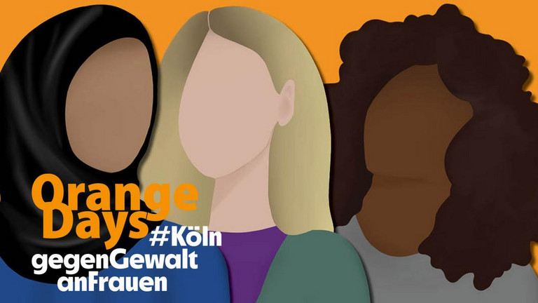 Drei Frauen ohne Gesicht, eine mit dunkler Hautfarbe und dunklen Locken, eine mit heller Hautfarbe und blonden Haaren und eine Frau mit etwas dunklerem Teint  und einem Kopftuch, bilden den Hintergrund des Logos der orange days 2021.