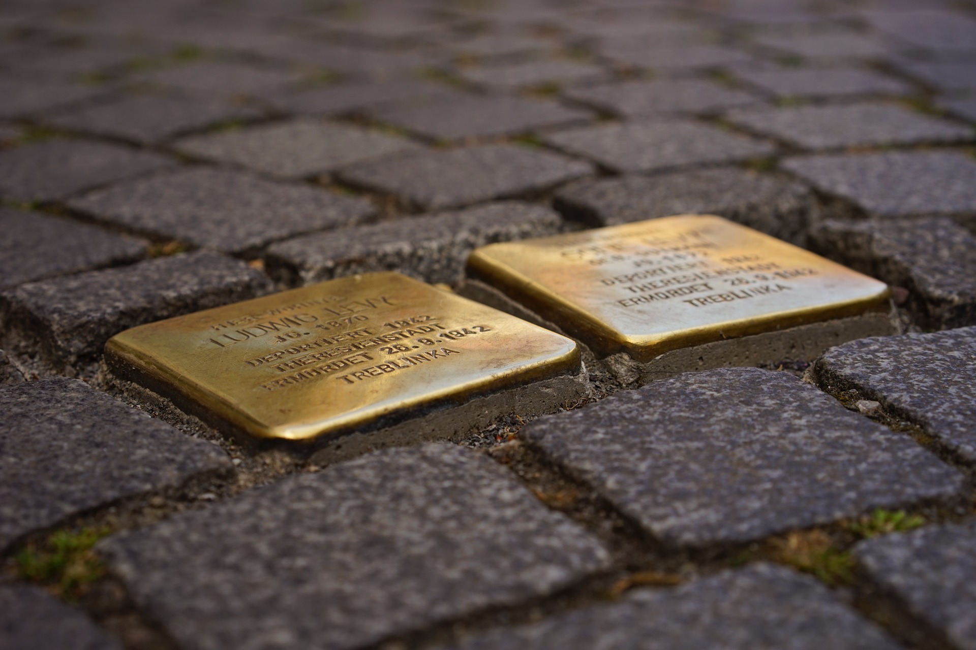 Das Foto zeigt zwei Stolpersteine, deren Inschrift unerkennbar ist, eingelassen in grauem Kopfsteinpflaster.